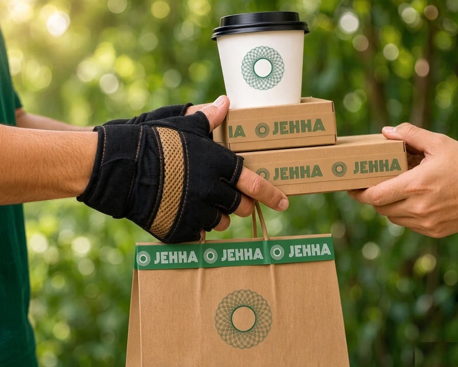 JEHHA Food Seal on delivery cup, boxes and paper bag